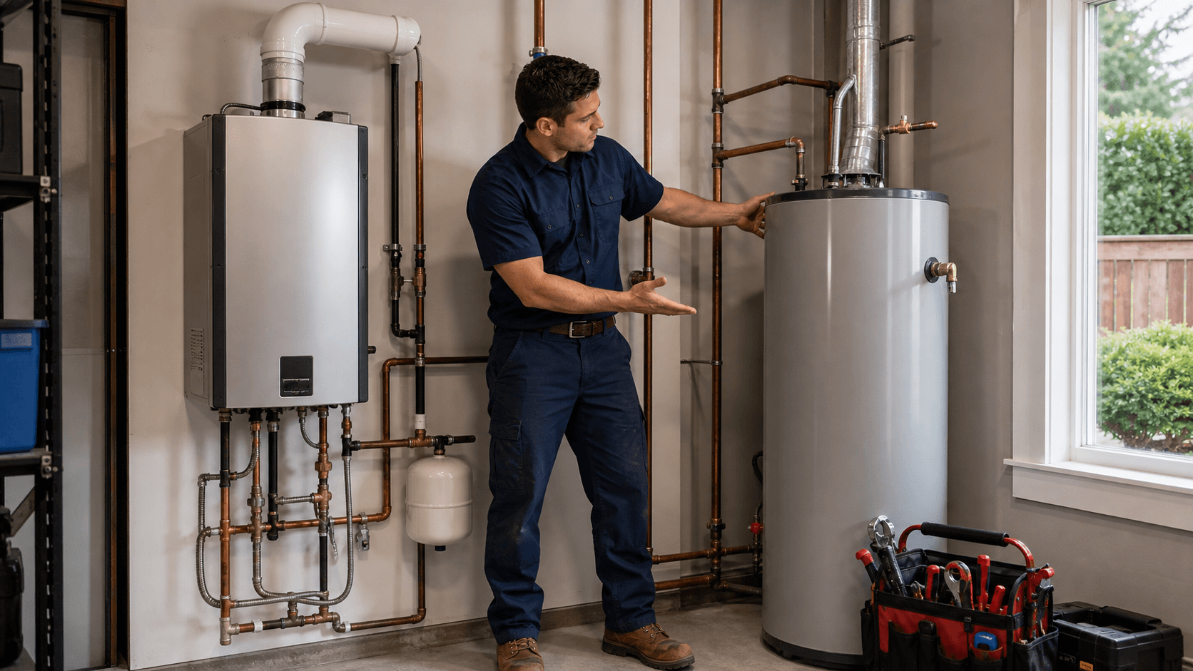 Plumber comparing a tankless water heater and a storage tank water heater in a utility room