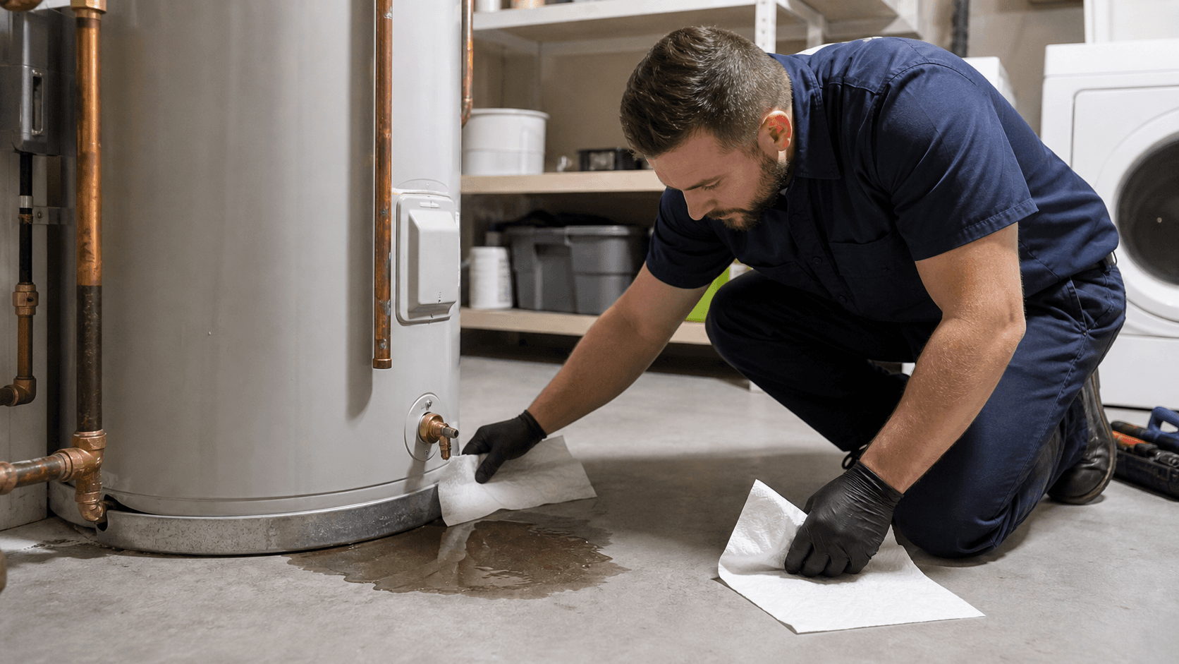 Plumber using paper towels to identify a water heater bottom leak in a Bellevue utility room