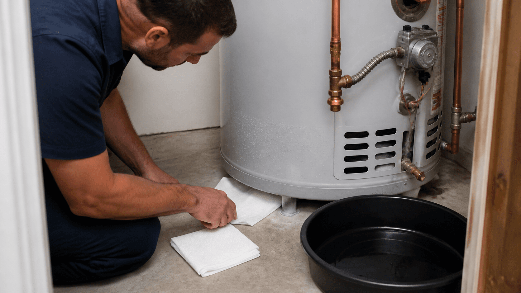 Condensation beads on a water heater jacket with dry towels at the base