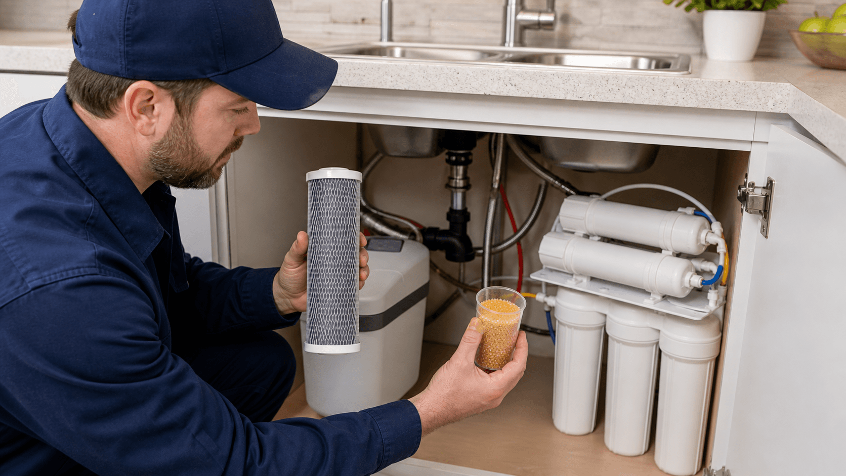 Carbon filter reverse osmosis parts and softener resin sample compared under a sink