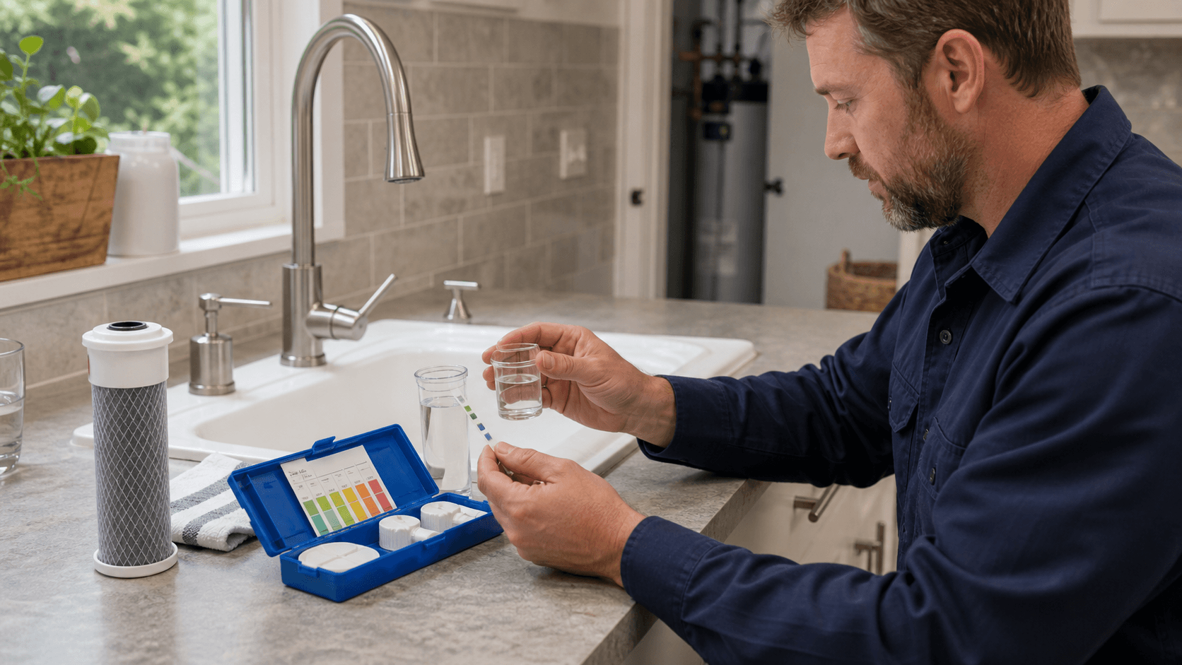 Plumber testing Bellevue tap water hardness at a kitchen sink