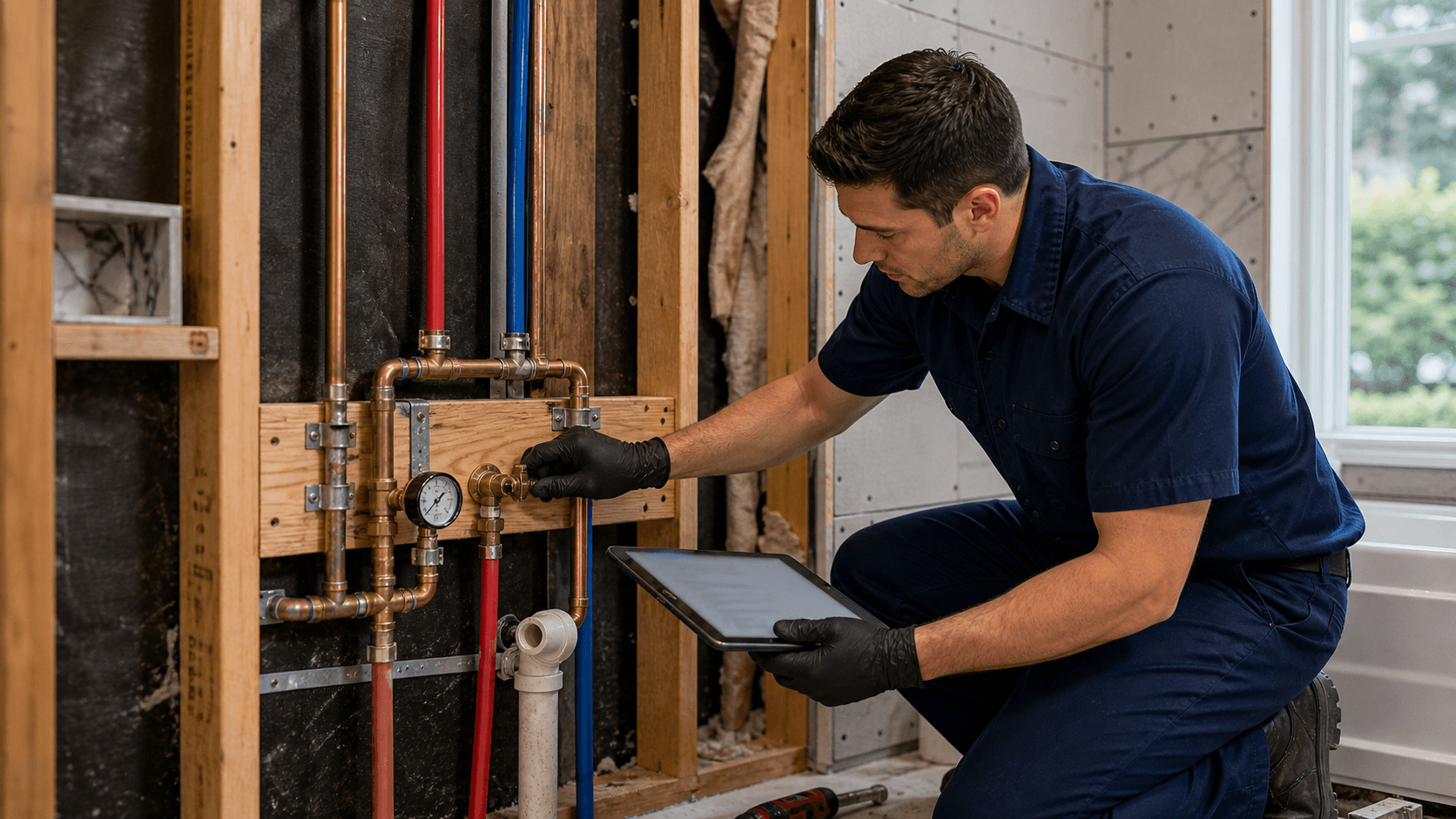 Bathroom plumbing rough-in with pressure gauge attached for inspection before walls close