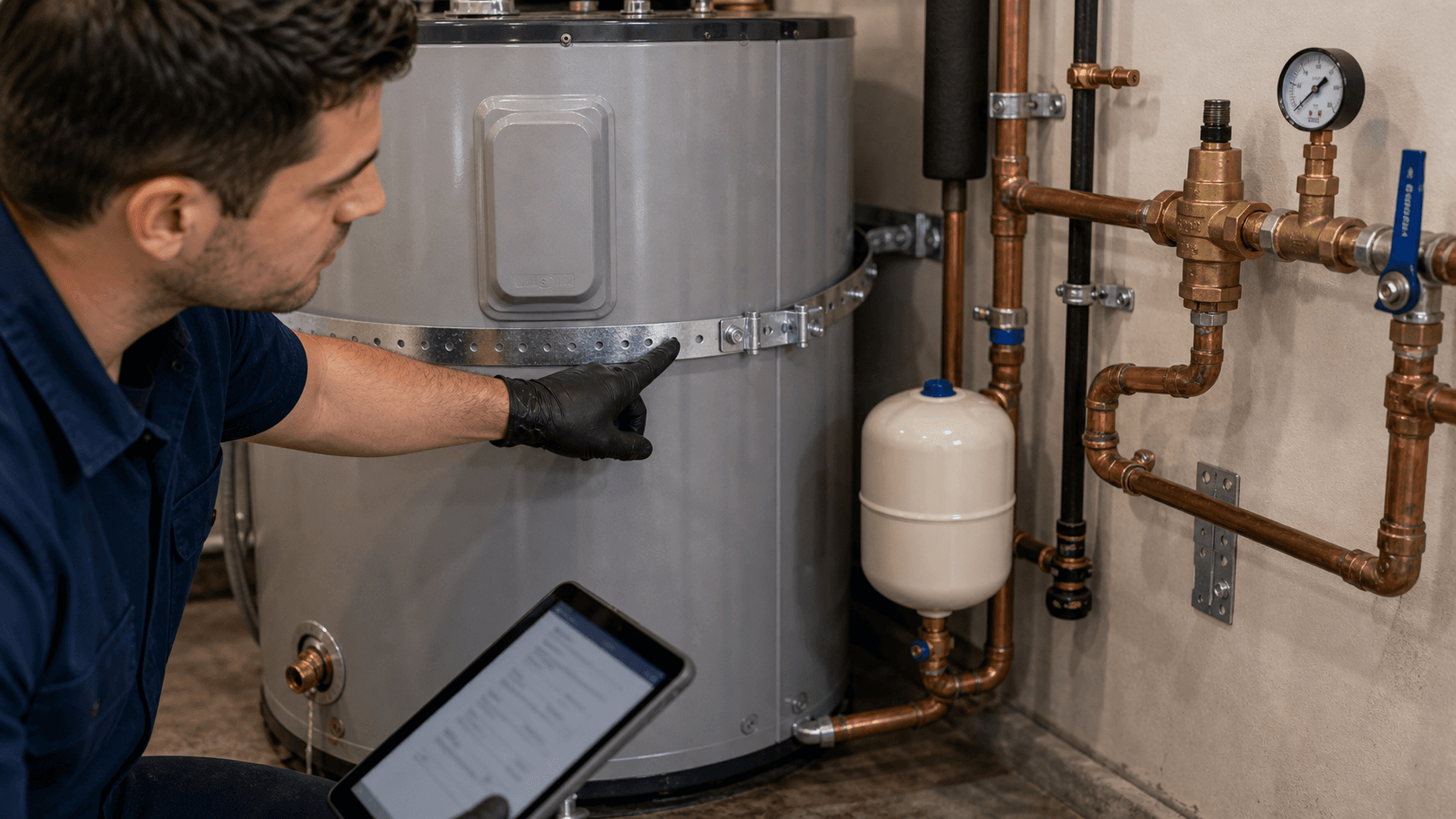 Plumber checking water heater seismic straps and nearby code-compliance details