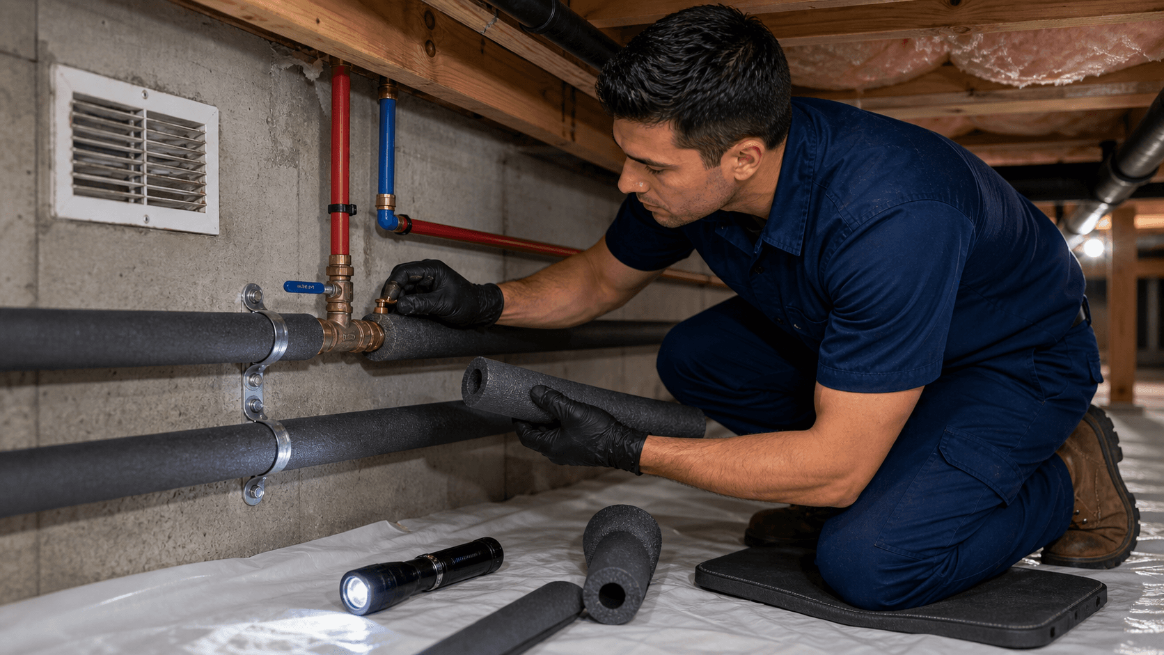 Plumber adding foam insulation to exposed pipes near a crawlspace vent before winter