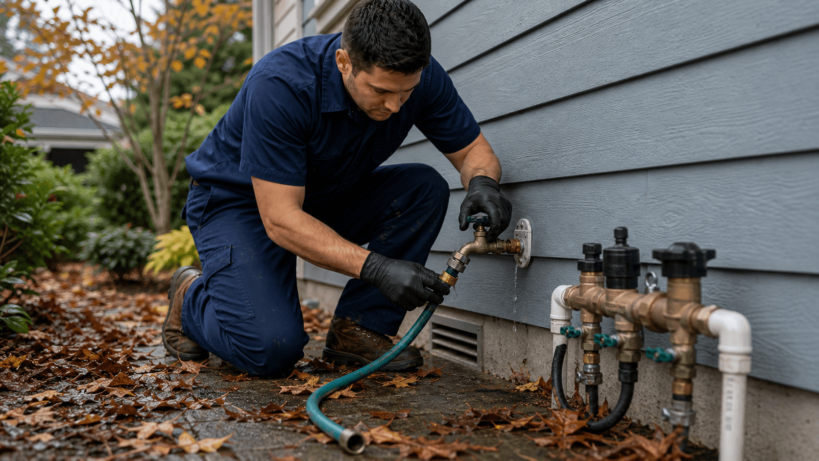 Plumber draining an exterior hose bib and checking irrigation shutoff before winter