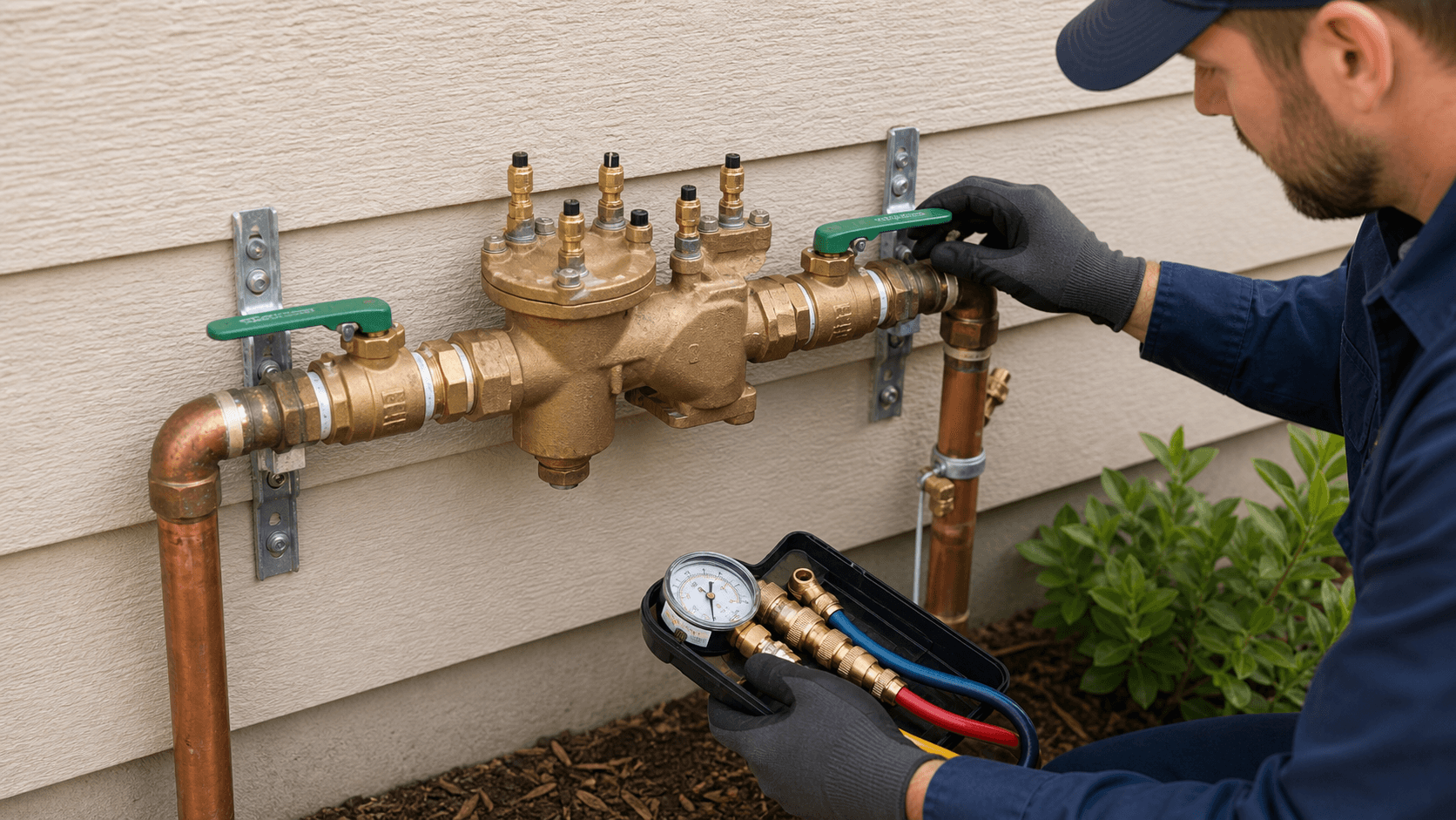 Plumber inspecting a brass backflow preventer assembly outside a Bellevue property