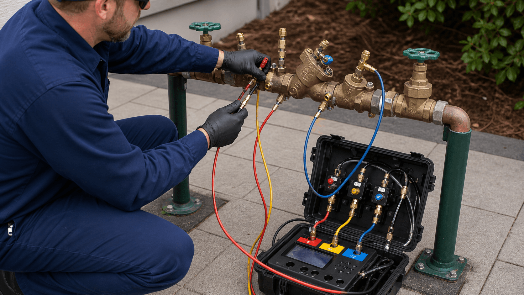 Certified tester connecting a backflow test kit to an RPZ assembly