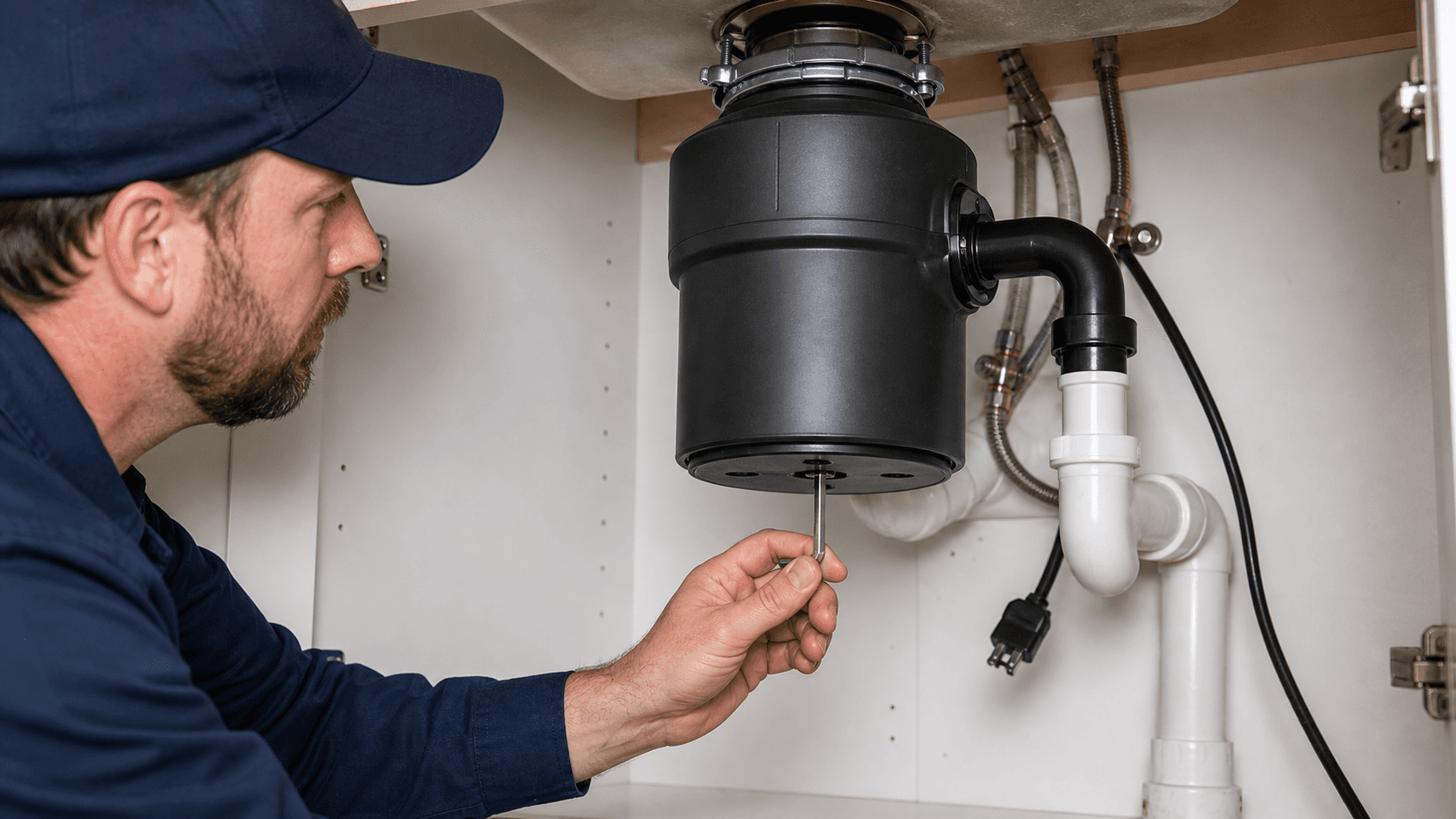 Allen wrench inserted into the bottom hex hole of a jammed garbage disposal