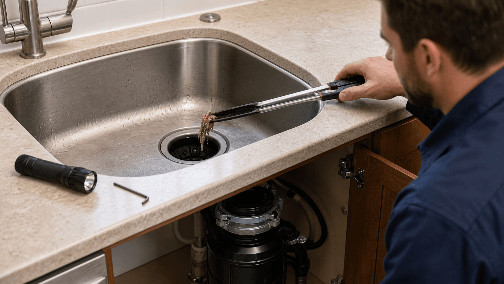 Plumber removing disposal jam debris safely with long tongs from the sink opening