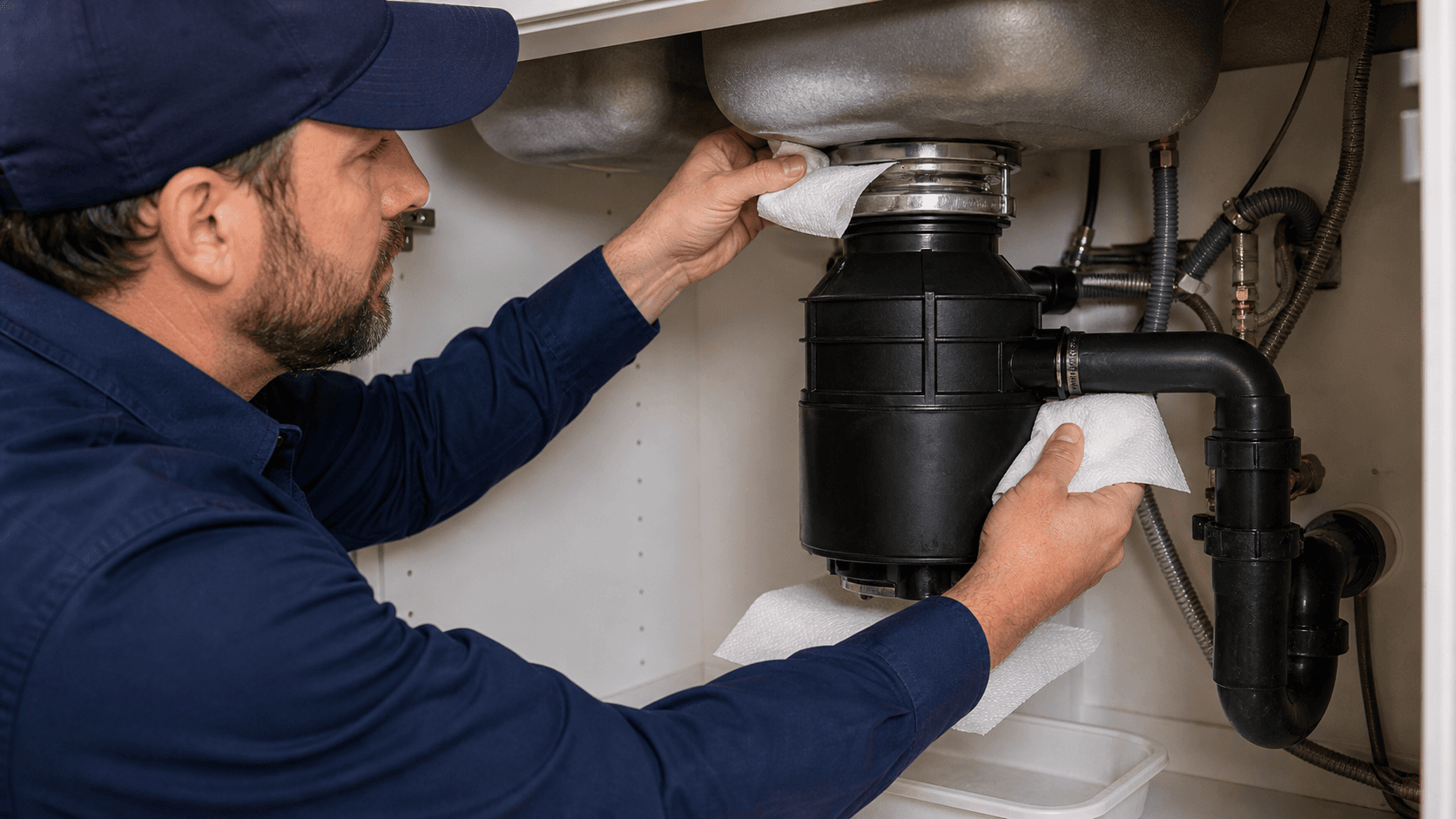 Paper towels placed below a garbage disposal to locate the first leak zone