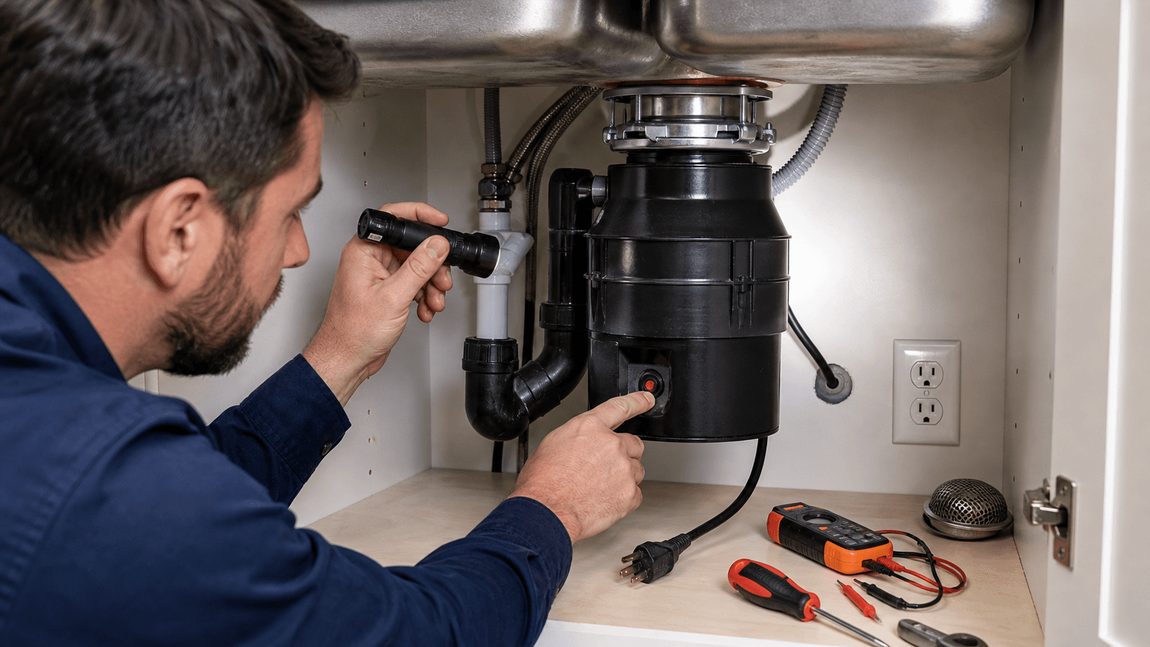 Plumber checking a silent garbage disposal under a kitchen sink with diagnostic tools