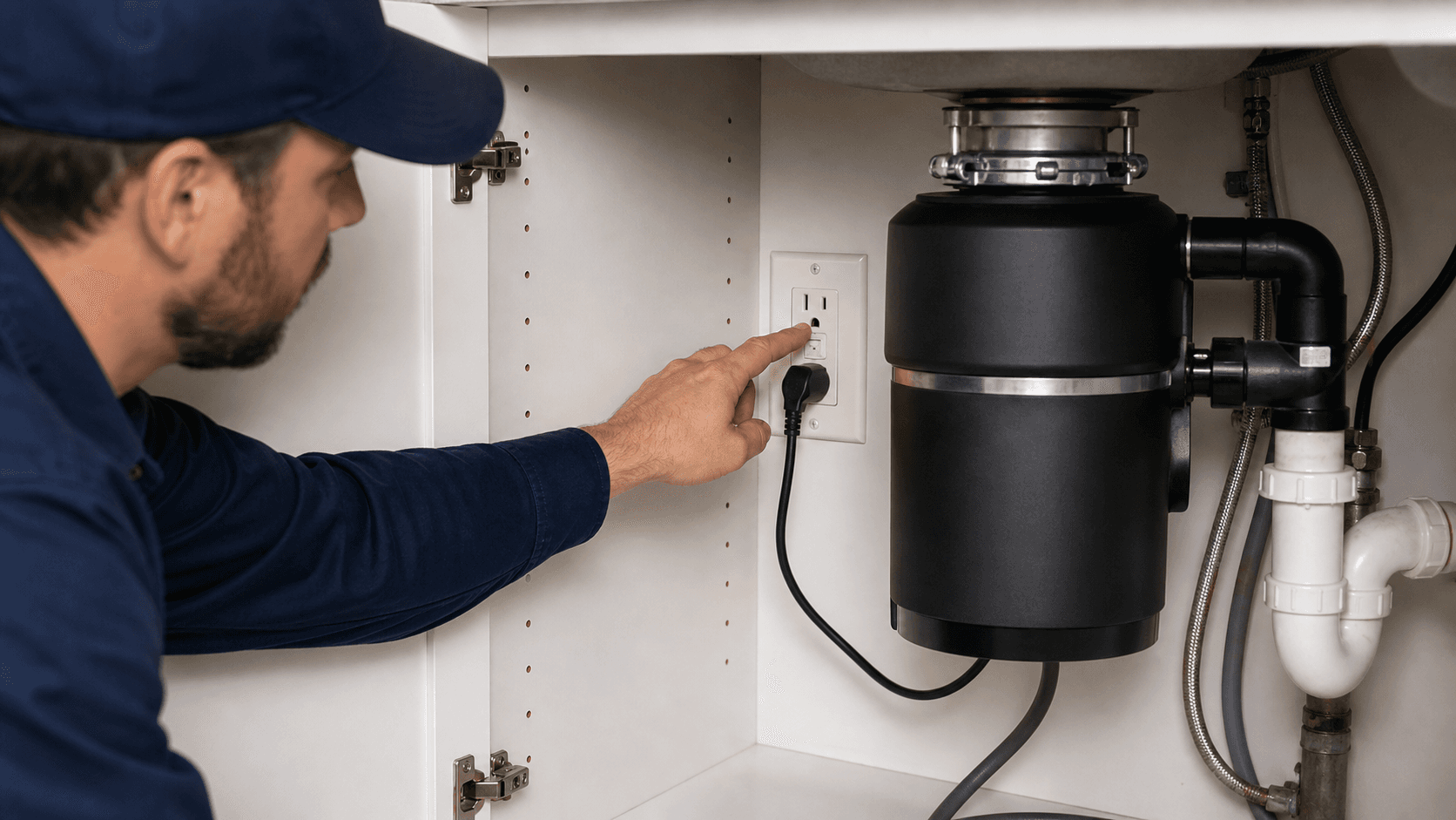 Plumber resetting the under sink GFCI outlet that powers a garbage disposal