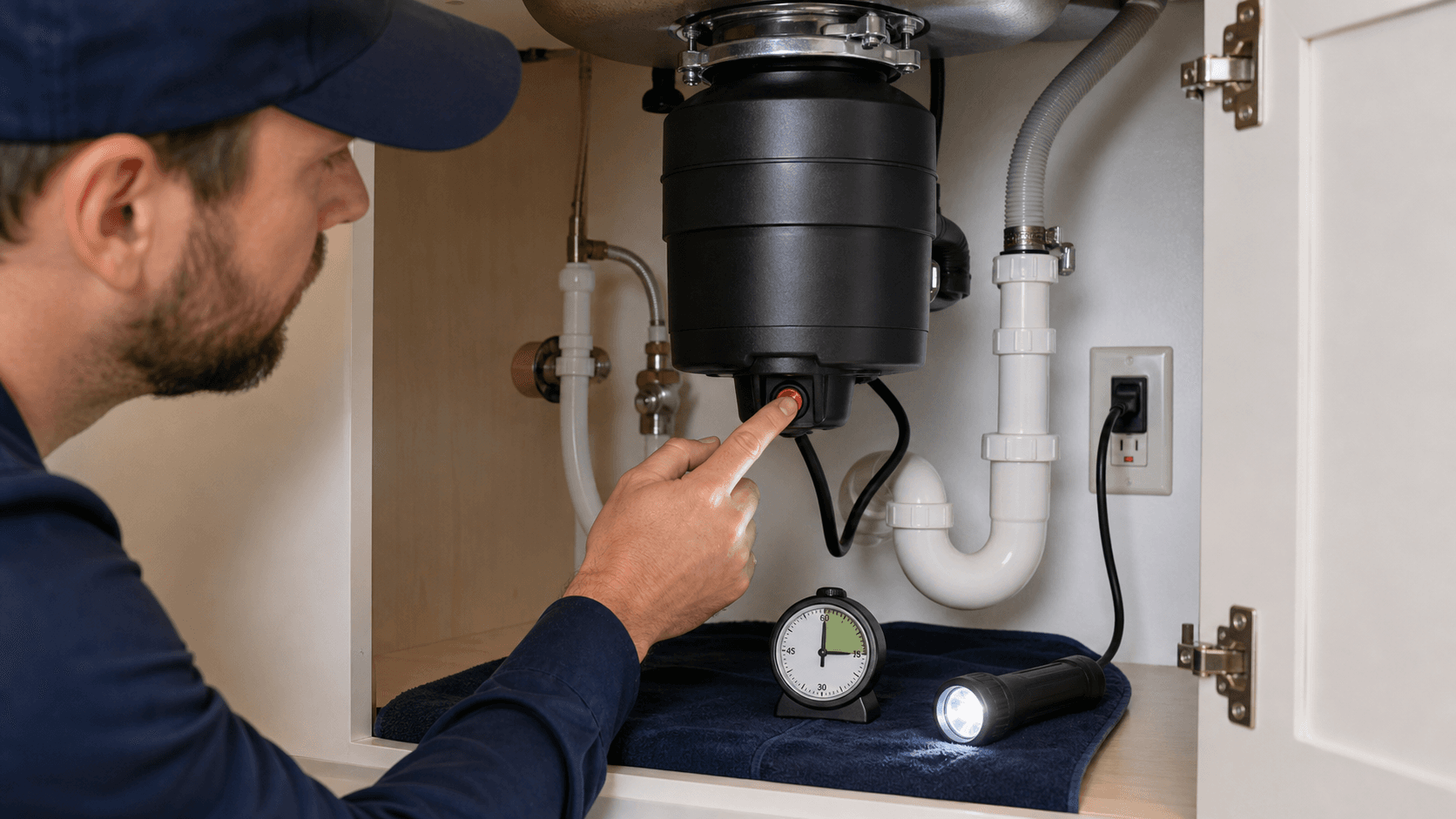 Plumber pressing the garbage disposal reset button after the motor has cooled