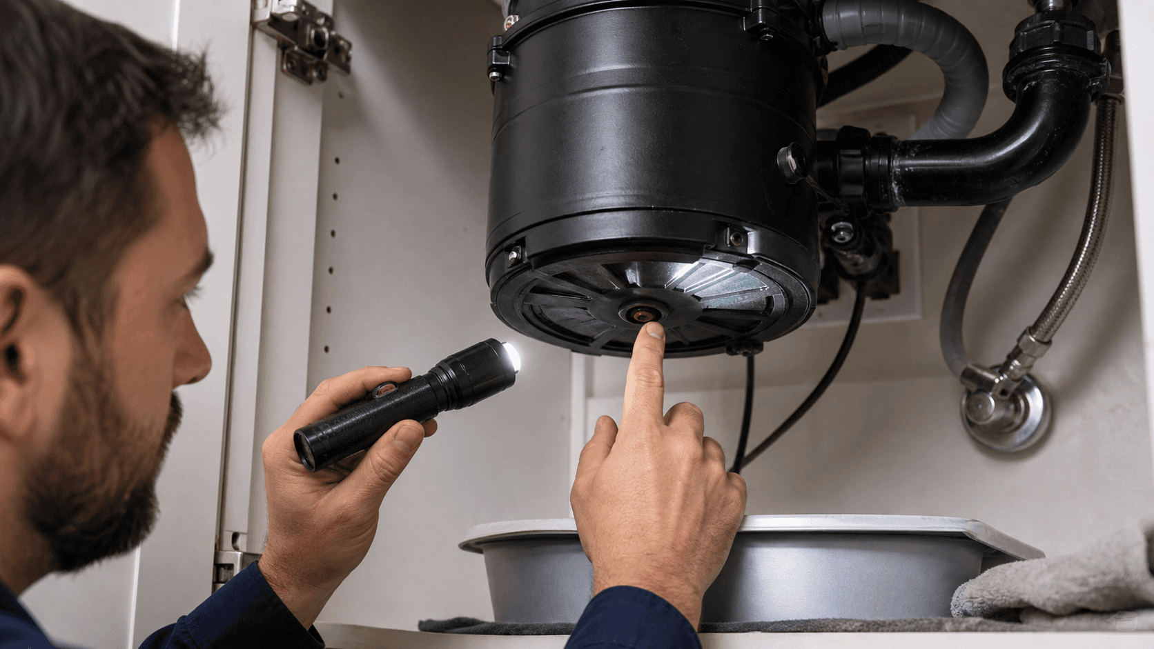 Red reset button on the underside of a garbage disposal under a kitchen sink