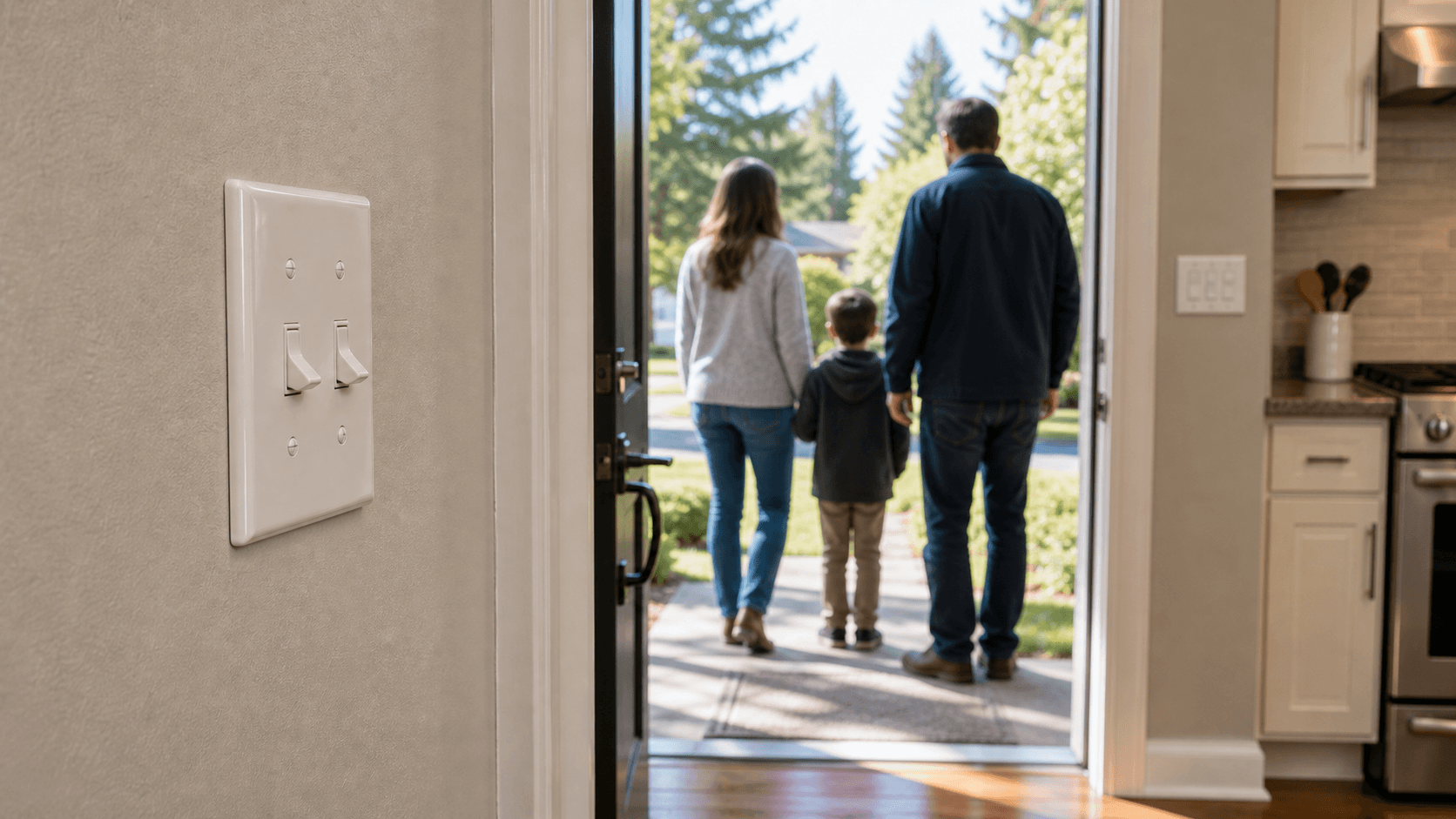 Hand avoiding a light switch while people exit a home during suspected gas leak response