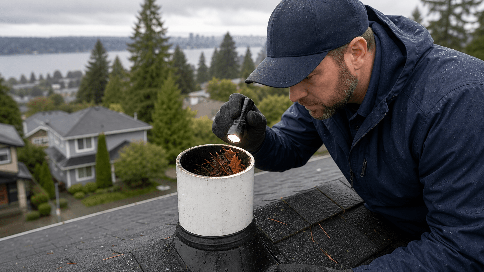 Plumber inspecting a roof plumbing vent for leaves and debris