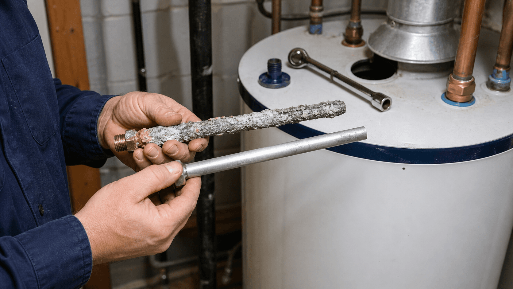 Corroded sacrificial anode rod beside a new anode rod near a water heater