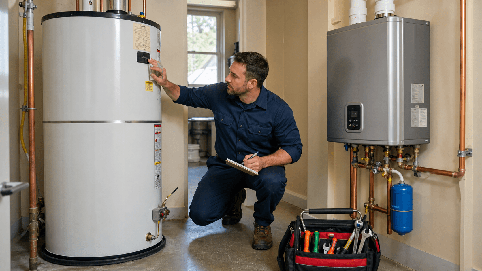 Plumber comparing a tank water heater and wall mounted tankless unit during a lifespan check
