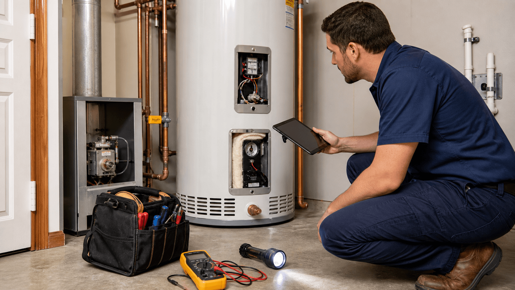 Plumber comparing gas and electric water heater diagnostic checks with tools in a utility room