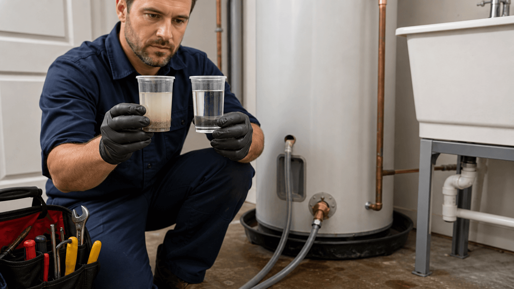 Cloudy drained water sample beside a hose connected to a water heater drain valve