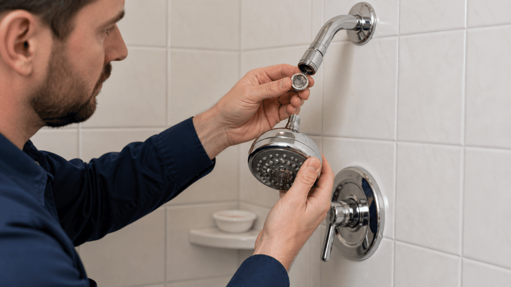 Plumber inspecting mineral debris in a removed showerhead inlet screen