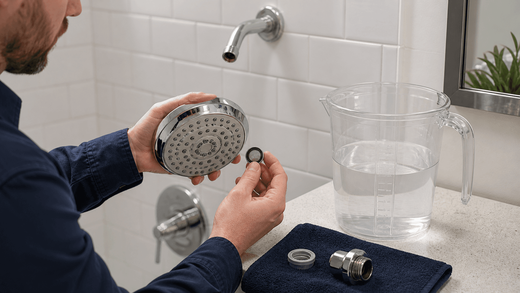 Removed showerhead and measuring bucket used for a simple shower flow test
