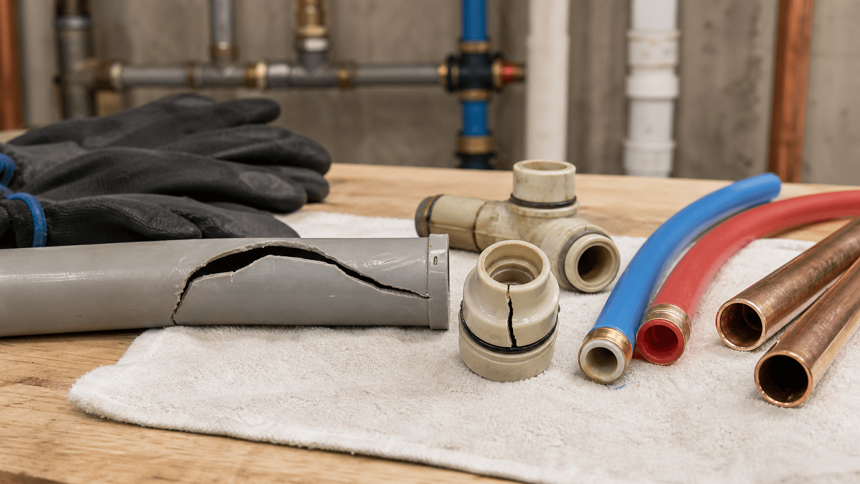 Cracked polybutylene pipe and fitting compared with PEX and copper replacement materials