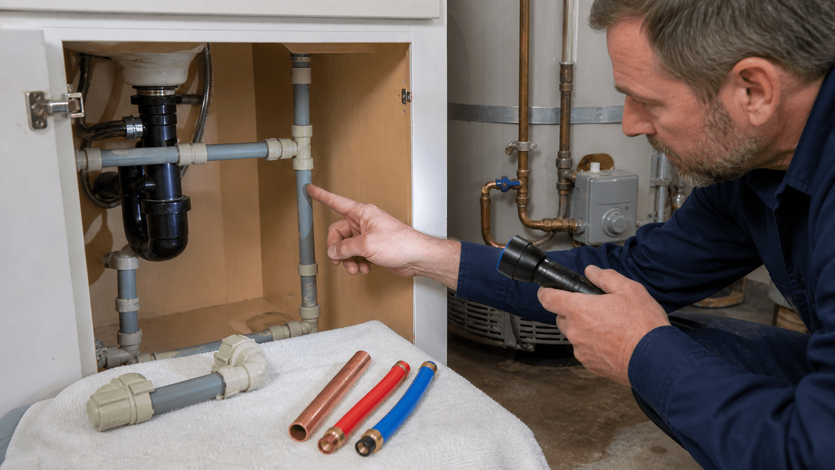 Gray polybutylene supply pipe inspected under a sink beside PEX and copper samples