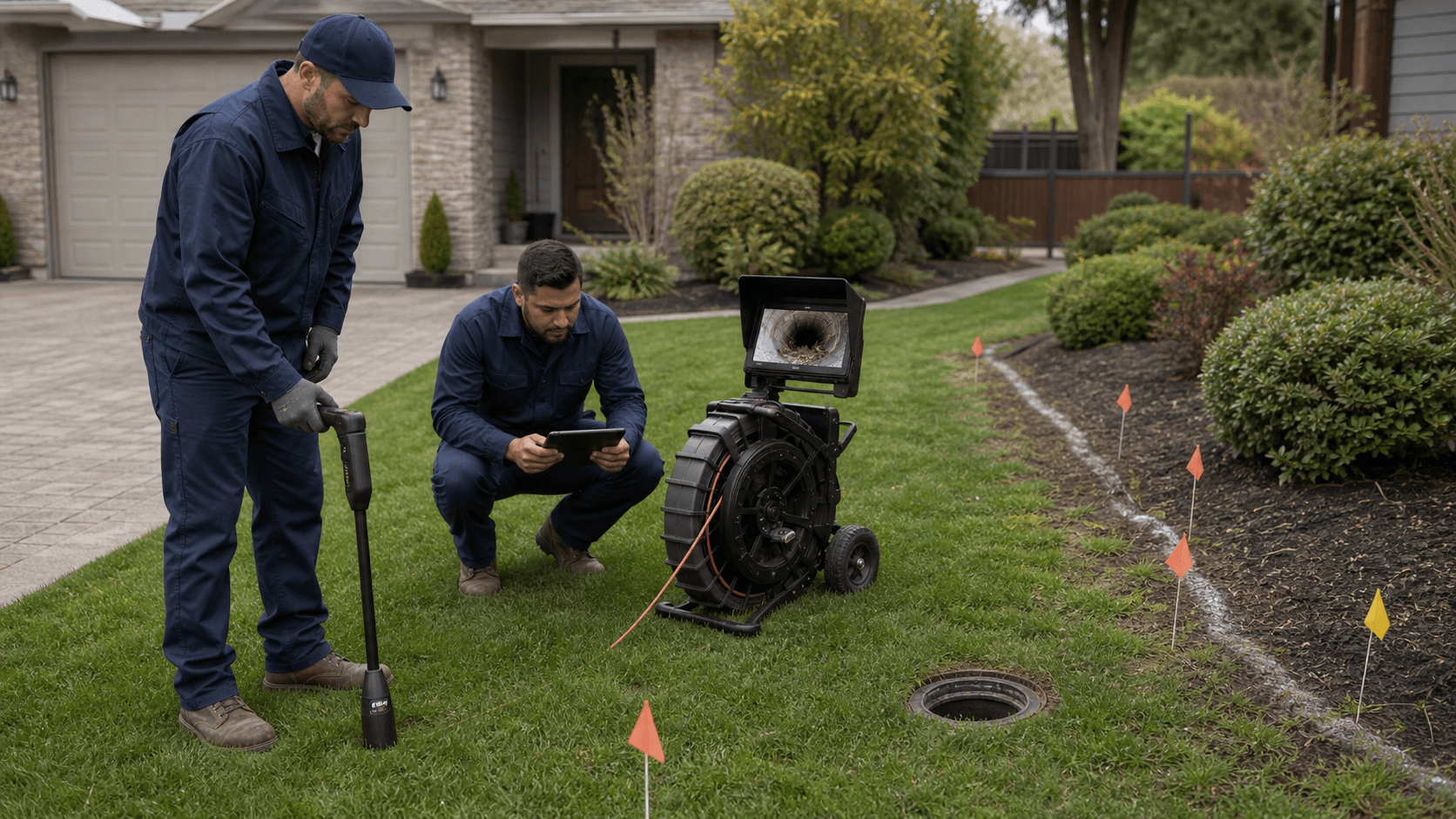 Sewer camera locator and utility flags used to estimate sewer replacement cost drivers