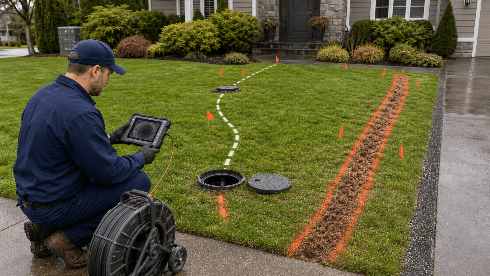 Plumber reviewing trenchless and open trench sewer replacement layout in a Bellevue yard