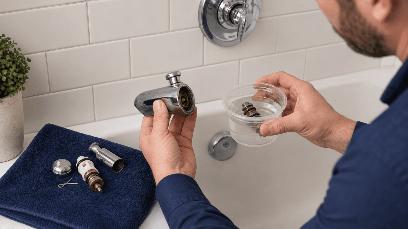 Tub spout diverter being cleaned with white vinegar before replacement
