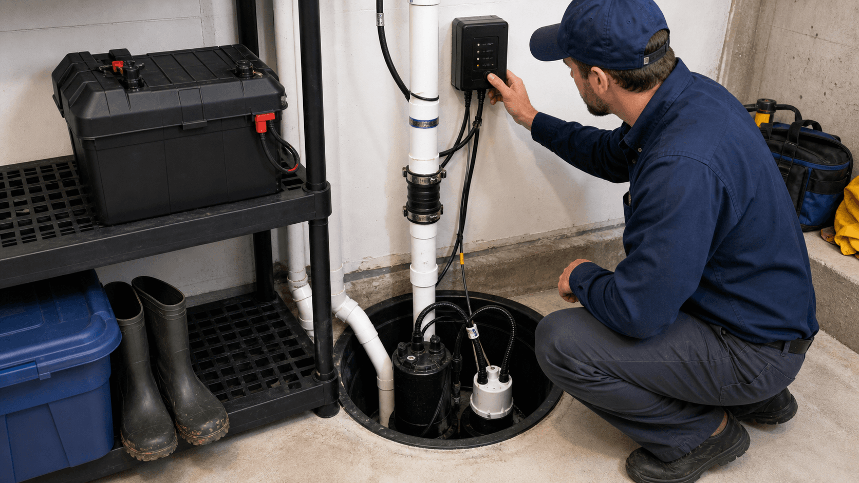 Battery backup sump pump controller and pit inspected in a Bellevue basement