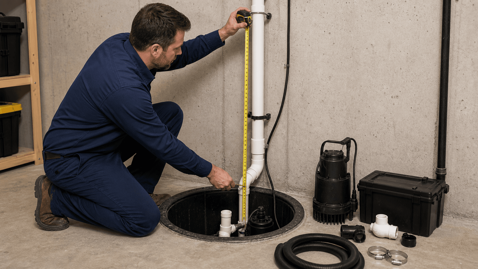 Plumber measuring sump pump discharge head with a tape measure