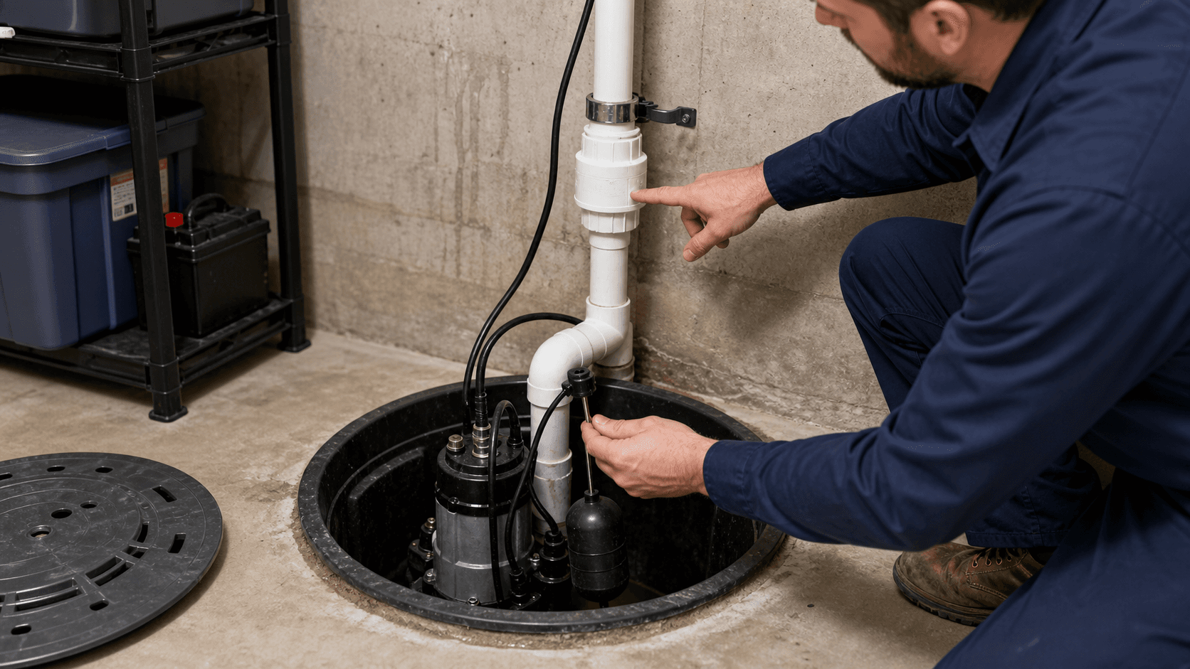 Plumber inspecting sump pump float switch and check valve in a basement