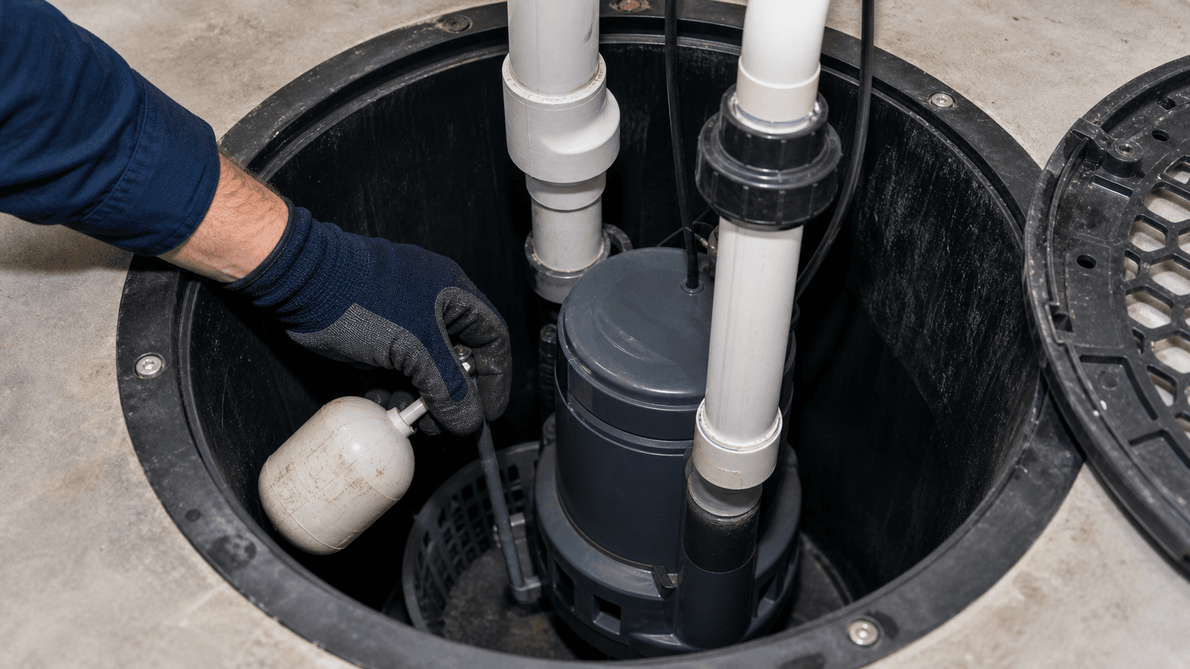 Close view of a sump pump float switch wedged against the pit wall