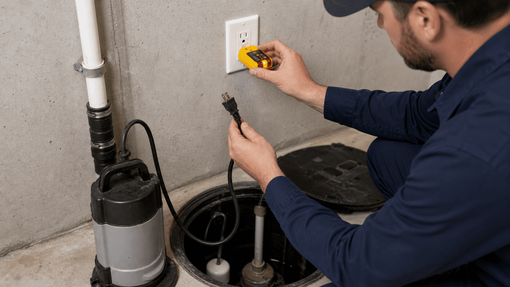 Sump pump plug and GFCI outlet checked with a safe outlet tester