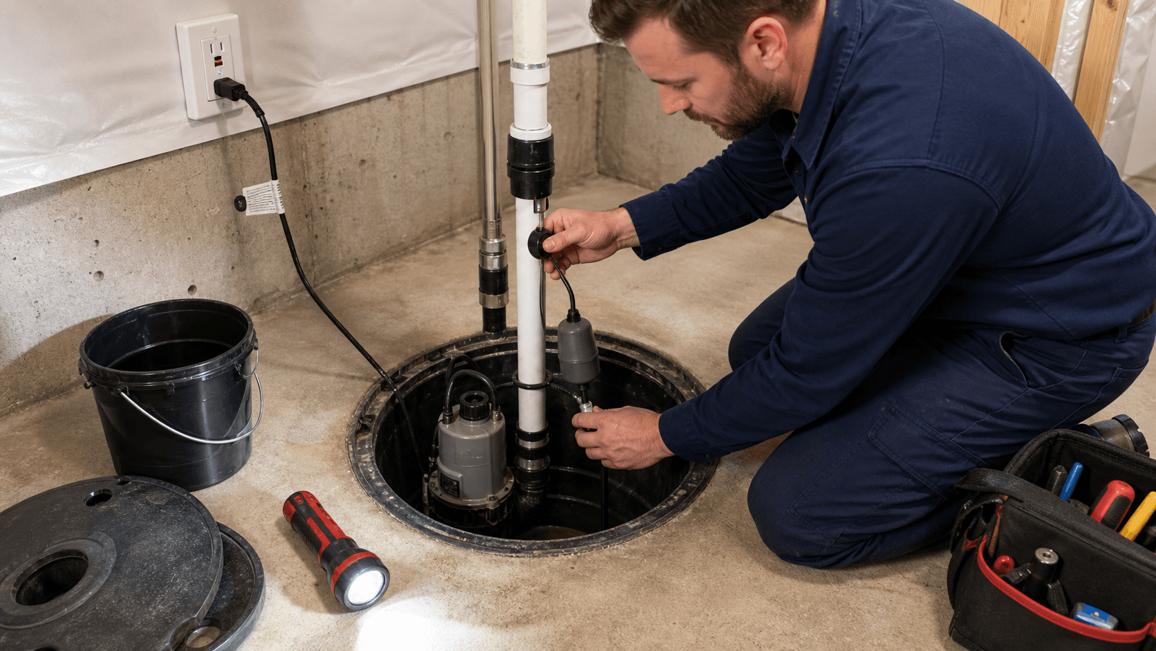 Plumber checking float switch and pump inside a clean basement sump pit