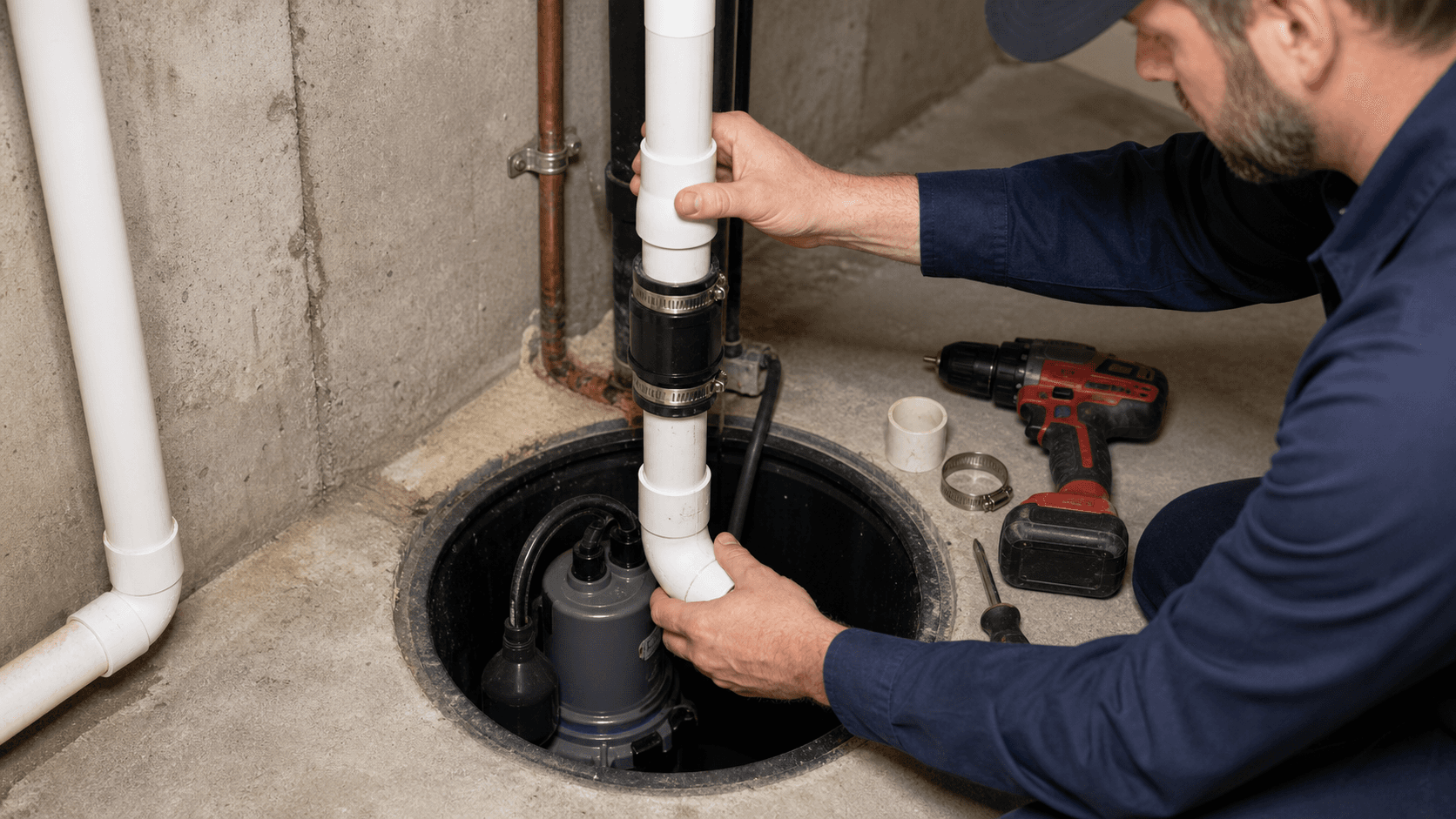 Plumber dry fitting PVC discharge pipe and check valve during a sump pump replacement