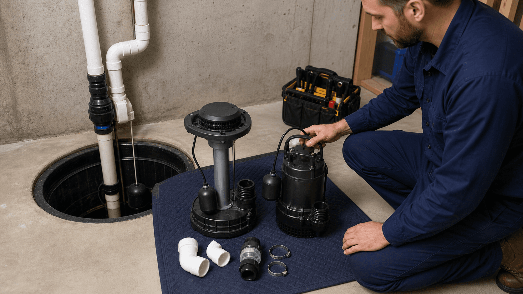 Pedestal and submersible sump pumps compared beside an open sump pit