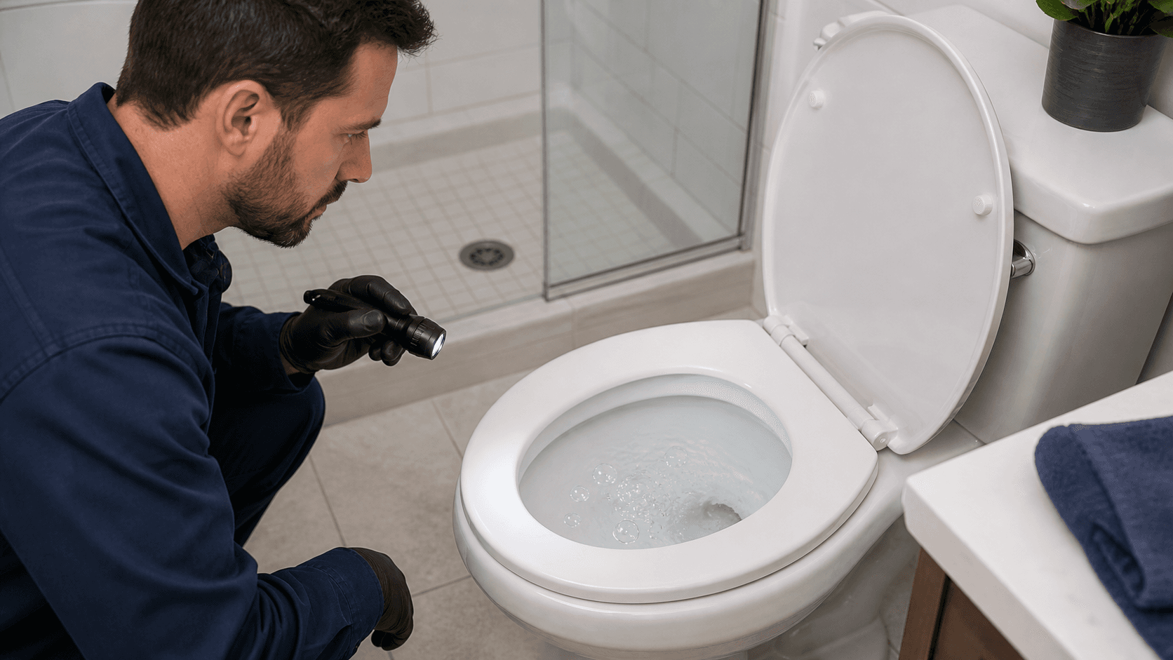Plumber watching subtle bubbles in a toilet bowl during a sewer line diagnosis
