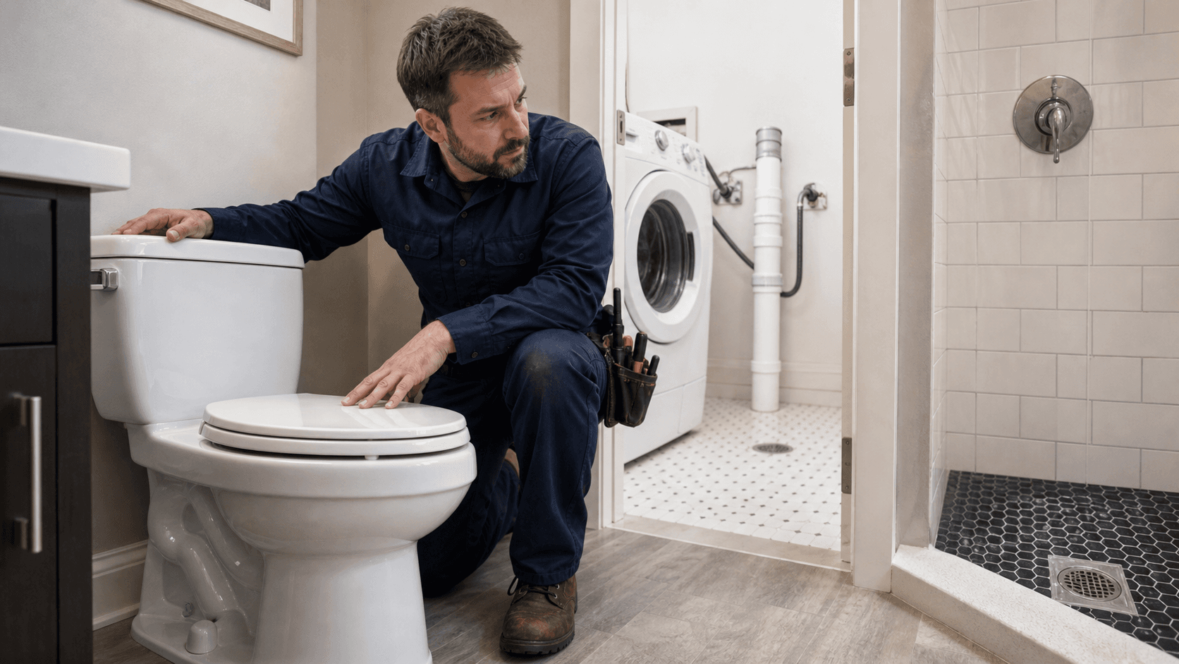 Toilet and nearby shower drain checked for shared line gurgling