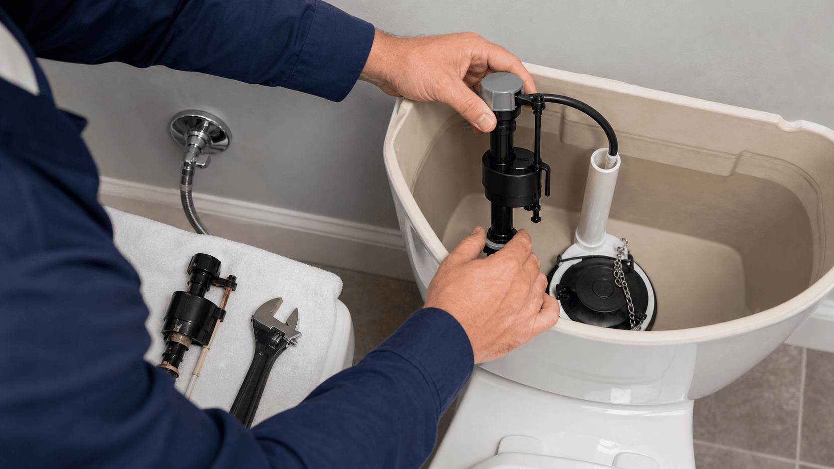 New toilet fill valve being installed inside an open toilet tank