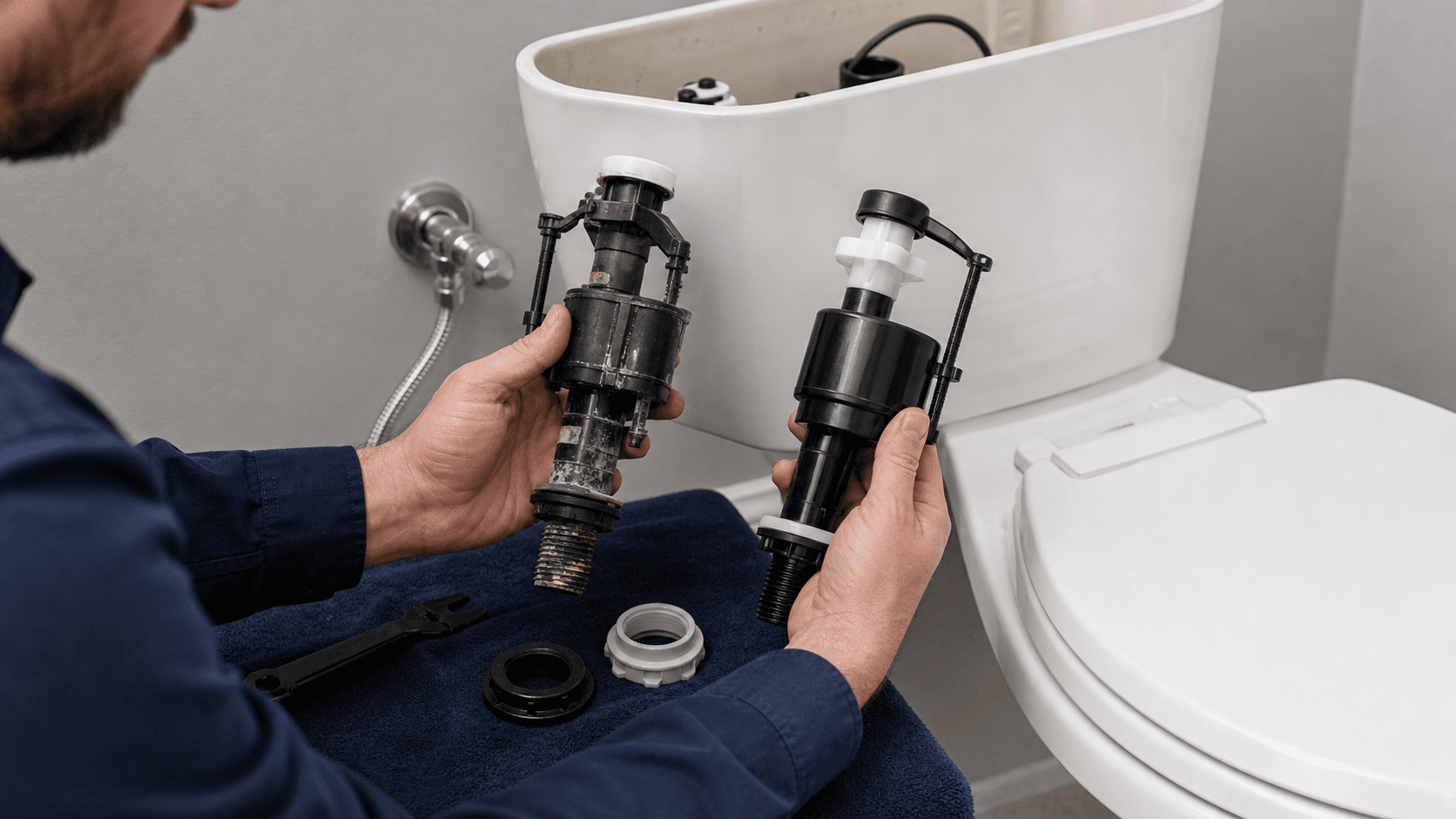 Old and new toilet fill valves compared on a towel beside an open tank