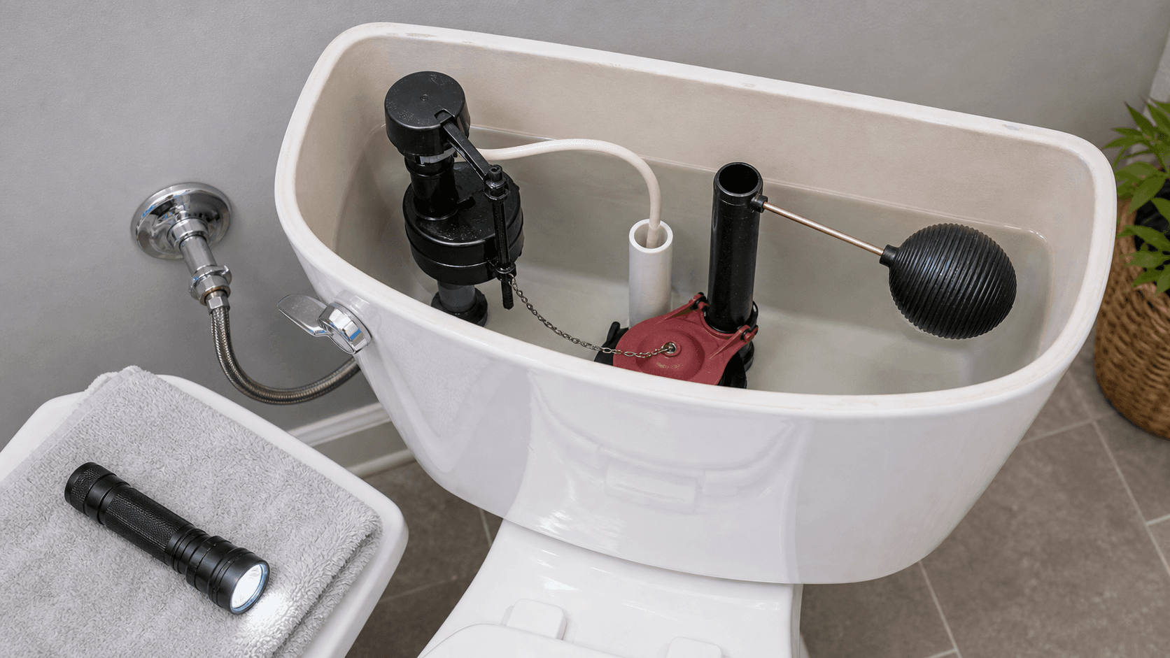 Open toilet tank showing flapper float and fill valve during a running toilet diagnosis
