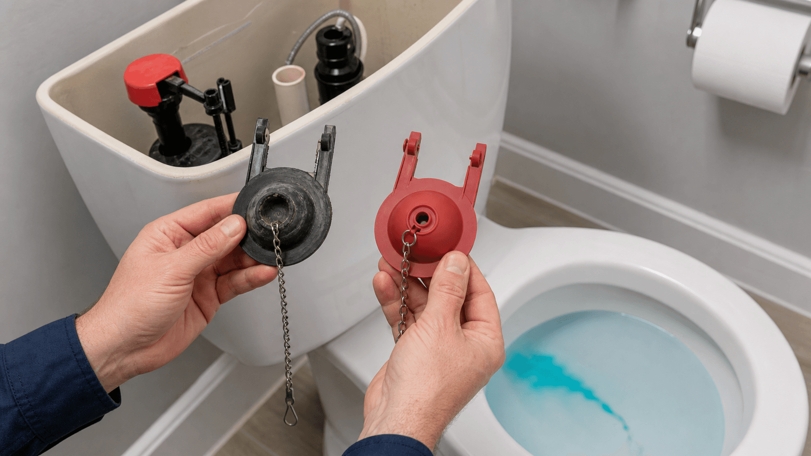 Worn toilet flapper beside a new replacement during a dye test