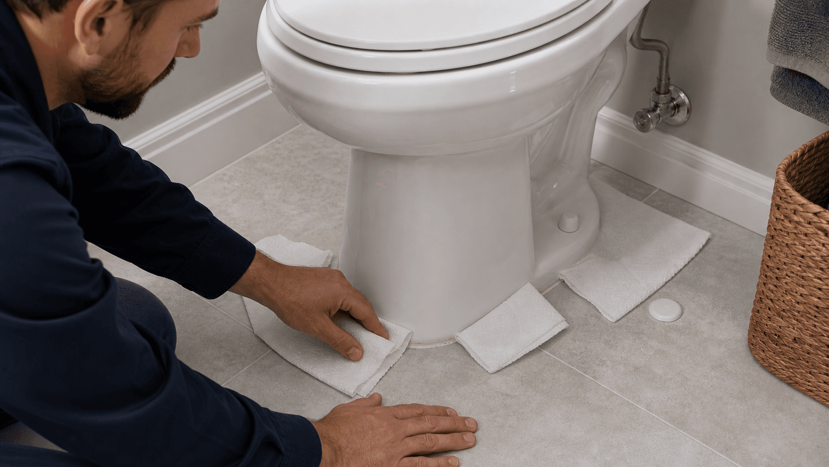 Paper towels around a toilet base during a leak source test