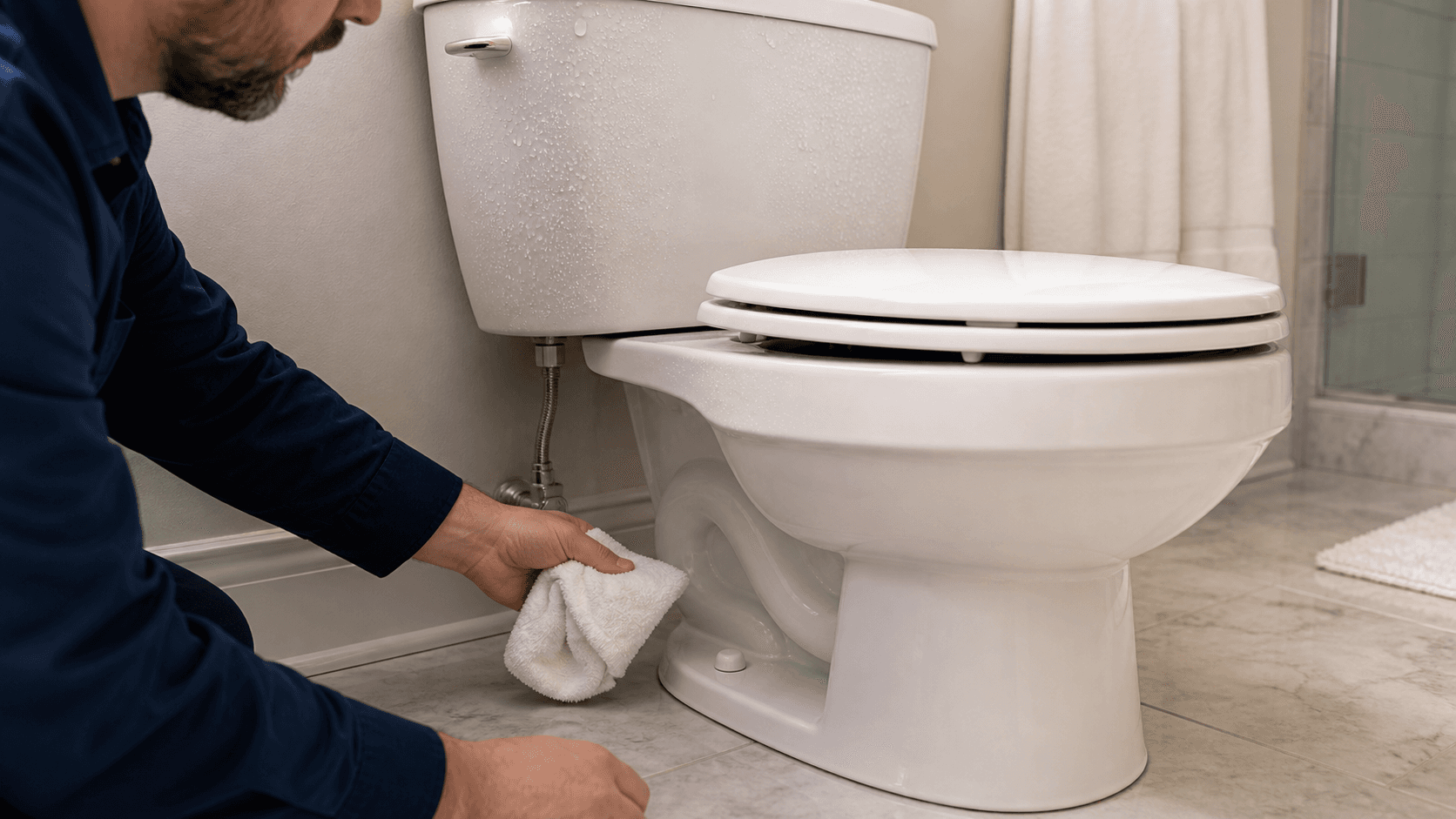 Condensation on a toilet tank with a dry toilet base in a bright bathroom