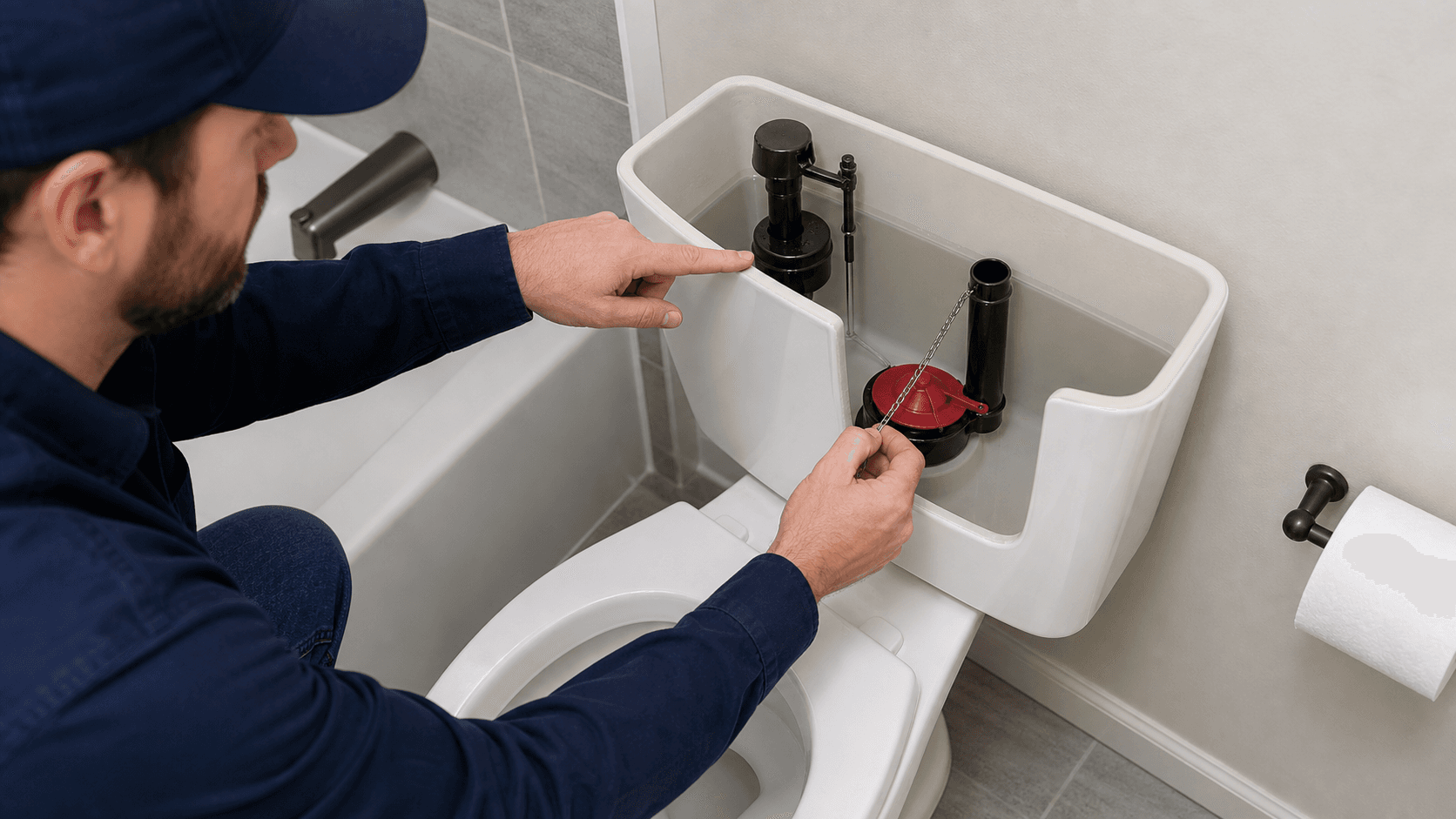Plumber checking toilet tank water level and flapper chain for a weak flush