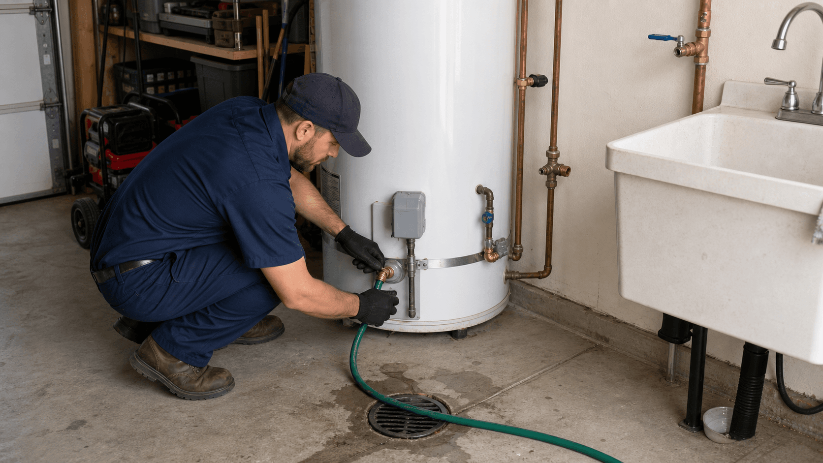 Flush hose connected to a water heater drain valve during maintenance