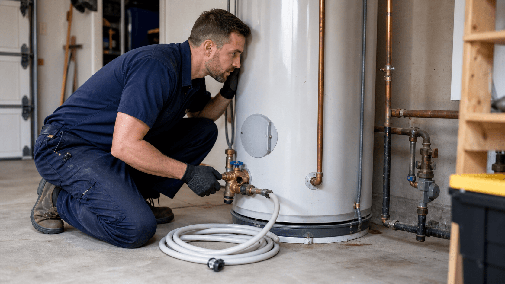 Plumber listening near the bottom of a water heater for sediment rumbling